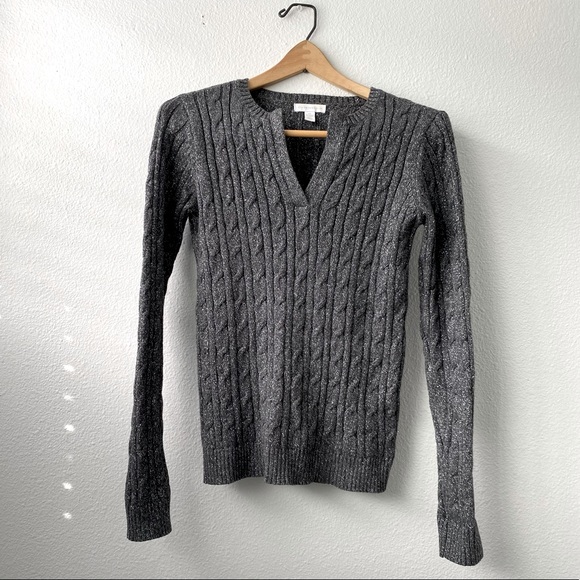 Charter Club Sweaters - 107. Grey with Silver V-Neck Long Sleeve Knit Sweater